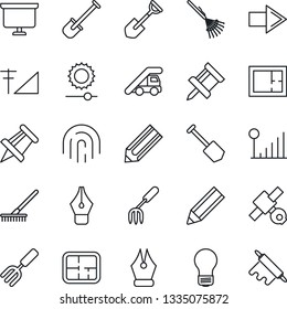 Thin Line Icon Set - right arrow vector, ladder car, presentation board, drawing pin, bulb, job, pencil, garden fork, shovel, rake, satellite, brightness, fingerprint id, cellular signal, ink pen