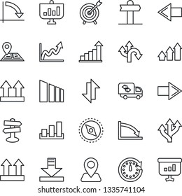 Thin Line Icon Set - right arrow vector, left, growth statistic, crisis graph, route, signpost, navigation, up side sign, sorting, data exchange, download, compass, moving, target, clock