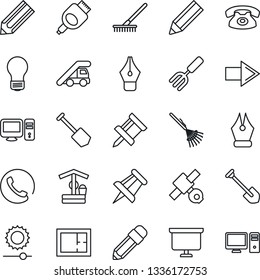 Thin Line Icon Set - right arrow vector, ladder car, presentation board, drawing pin, bulb, job, pencil, garden fork, rake, well, satellite, hdmi, brightness, ink pen, plan, phone, pc