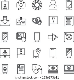 Thin Line Icon Set - right arrow vector, mobile phone, identity card, document, important flag, cash, tracking, cell, camera, user, download, application, restaurant receipt, home control app