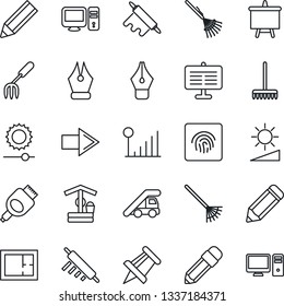 Thin Line Icon Set - right arrow vector, ladder car, presentation board, drawing pin, pencil, garden fork, rake, well, hdmi, brightness, fingerprint id, cellular signal, ink pen, plan, rolling, pc