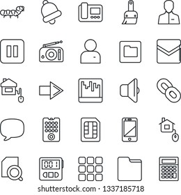 Thin Line Icon Set - right arrow vector, caterpillar, radio, cell phone, chain, pause button, menu, message, themes, user, stopwatch, bell, mail, scanner, sim, folder, document search, home control