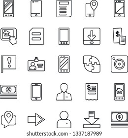 Thin Line Icon Set - right arrow vector, mobile phone, identity card, document, important flag, cash, tracking, cell, camera, user, download, application, restaurant receipt, home control app