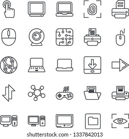 Thin Line Icon Set - right arrow vector, mouse, notebook pc, printer, gamepad, tv, network, touch screen, laptop, share, folder, data exchange, download, document, chip, fingerprint, web camera