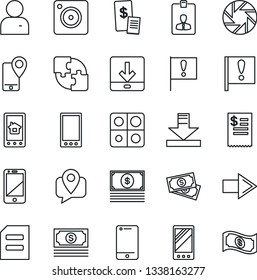 Thin Line Icon Set - right arrow vector, identity card, document, important flag, cash, mobile tracking, cell phone, camera, user, download, application, restaurant receipt, home control app