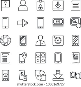 Thin Line Icon Set - right arrow vector, mobile phone, identity card, document, important flag, cash, tracking, cell, camera, user, download, application, restaurant receipt, home control app