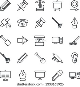 Thin Line Icon Set - right arrow vector, presentation board, drawing pin, bulb, job, pencil, rake, well, satellite, brightness, ink pen, phone, rolling, pc