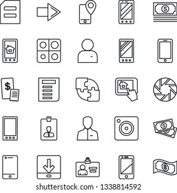 Thin Line Icon Set - right arrow vector, mobile phone, identity card, document, cash, tracking, cell, camera, user, download, application, restaurant receipt, home control app