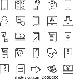 Thin Line Icon Set - right arrow vector, mobile phone, document, important flag, cash, tracking, cell, camera, user, download, application, restaurant receipt, home control app
