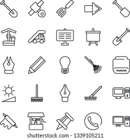 Thin Line Icon Set - right arrow vector, ladder car, presentation board, drawing pin, bulb, job, garden fork, shovel, rake, well, satellite, hdmi, brightness, ink pen, pencil, phone, rolling, pc
