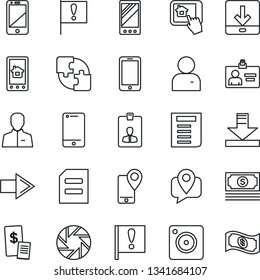Thin Line Icon Set - right arrow vector, mobile phone, identity card, document, important flag, cash, tracking, cell, camera, user, download, application, restaurant receipt, home control app