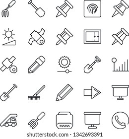 Thin Line Icon Set - right arrow vector, ladder car, presentation board, drawing pin, job, garden fork, shovel, rake, satellite, hdmi, brightness, fingerprint id, cellular signal, pencil, plan