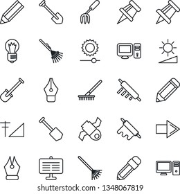 Thin Line Icon Set - right arrow vector, drawing pin, bulb, job, pencil, garden fork, shovel, rake, satellite, brightness, cellular signal, presentation board, ink pen, rolling, pc