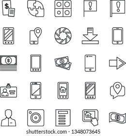 Thin Line Icon Set - right arrow vector, mobile phone, identity card, document, important flag, cash, tracking, cell, camera, user, download, application, restaurant receipt, home control app