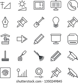 Thin Line Icon Set - right arrow vector, drawing pin, bulb, pencil, garden fork, shovel, rake, well, hdmi, brightness, fingerprint id, cellular signal, presentation board, ink pen, plan, phone