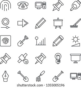 Thin Line Icon Set - right arrow vector, presentation board, drawing pin, bulb, job, pencil, garden fork, shovel, rake, satellite, hdmi, brightness, fingerprint id, cellular signal, ink pen, phone