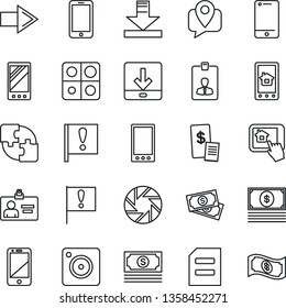 Thin Line Icon Set - right arrow vector, mobile phone, identity card, document, important flag, cash, tracking, cell, camera, download, application, restaurant receipt, home control app
