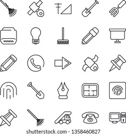 Thin Line Icon Set - right arrow vector, ladder car, presentation board, drawing pin, bulb, job, pencil, garden fork, shovel, rake, satellite, hdmi, fingerprint id, cellular signal, ink pen, plan