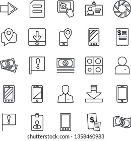 Thin Line Icon Set - right arrow vector, mobile phone, identity card, document, important flag, cash, tracking, cell, camera, user, download, application, restaurant receipt, home control app