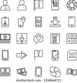 Thin Line Icon Set - right arrow vector, mobile phone, identity card, document, important flag, cash, tracking, cell, camera, user, download, application, restaurant receipt, home control app