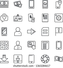 Thin Line Icon Set - right arrow vector, mobile phone, identity card, document, important flag, cash, tracking, cell, camera, user, download, application, restaurant receipt, home control app