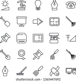 Thin Line Icon Set - right arrow vector, bulb, job, garden fork, rake, well, satellite, hdmi, brightness, cellular signal, presentation board, drawing pin, ink pen, plan, phone, pc