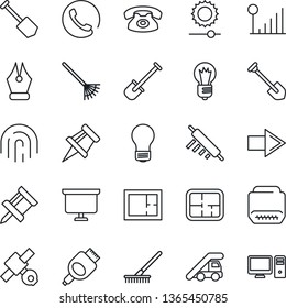 Thin Line Icon Set - right arrow vector, ladder car, presentation board, bulb, job, shovel, rake, satellite, hdmi, brightness, fingerprint id, cellular signal, drawing pin, ink pen, plan, phone, pc