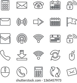 Thin Line Icon Set - right arrow vector, mail, mouse, calendar, call, update, download, wireless, calculator, phone, lock, flag