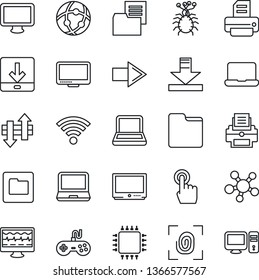 Thin Line Icon Set - right arrow vector, printer, monitor pulse, virus, folder document, gamepad, tv, touch screen, laptop pc, share, network, data exchange, download, wireless, notebook, chip
