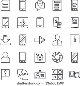 Thin Line Icon Set - right arrow vector, mobile phone, identity card, document, important flag, tracking, cell, camera, user, download, application, restaurant receipt, home control app, cash