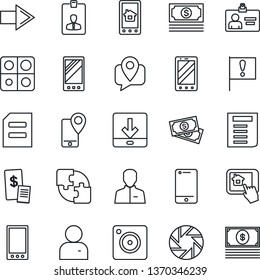 Thin Line Icon Set - right arrow vector, mobile phone, identity card, document, important flag, cash, tracking, cell, camera, user, download, application, restaurant receipt, home control app