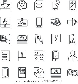 Thin Line Icon Set - right arrow vector, mobile phone, identity card, document, important flag, cash, tracking, cell, user, download, application, restaurant receipt, home control app