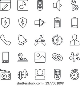 Thin Line Icon Set - right arrow vector, navigation, radio, gamepad, remote control, share, chain, battery, low, mobile, call, gallery, protect, user, bell, notes, data exchange, face id, music