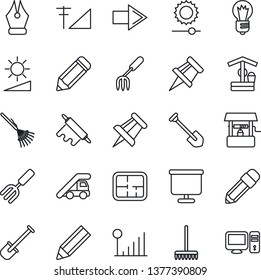 Thin Line Icon Set - right arrow vector, ladder car, drawing pin, bulb, job, pencil, garden fork, shovel, rake, well, brightness, cellular signal, presentation board, ink pen, plan, rolling, pc