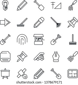 Thin Line Icon Set - right arrow vector, ladder car, presentation board, drawing pin, bulb, job, pencil, garden fork, shovel, rake, well, satellite, hdmi, fingerprint id, cellular signal, ink pen
