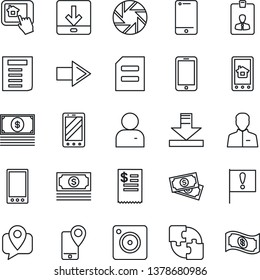 Thin Line Icon Set - right arrow vector, mobile phone, identity card, document, important flag, cash, tracking, cell, camera, user, download, application, restaurant receipt, home control app