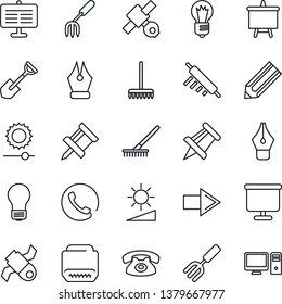 Thin Line Icon Set - right arrow vector, presentation board, drawing pin, bulb, pencil, garden fork, shovel, rake, satellite, hdmi, brightness, ink pen, phone, rolling, pc