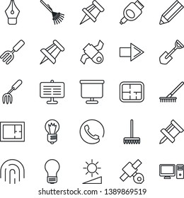 Thin Line Icon Set - right arrow vector, drawing pin, bulb, garden fork, shovel, rake, satellite, hdmi, brightness, fingerprint id, presentation board, ink pen, pencil, plan, phone, pc