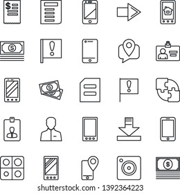 Thin Line Icon Set - right arrow vector, mobile phone, identity card, document, important flag, cash, tracking, cell, camera, user, download, application, restaurant receipt, home control app