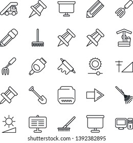 Thin Line Icon Set - right arrow vector, ladder car, presentation board, drawing pin, job, pencil, garden fork, rake, well, hdmi, brightness, cellular signal, rolling, pc