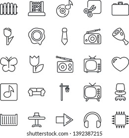 Thin Line Icon Set - right arrow vector, office chair, case, abacus, tie, stamp, fence, butterfly, garden light, cargo container, tulip, radio, tv, headphones, heart, cut, music, cushioned furniture