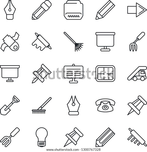 Thin Line Icon Set -\
right arrow vector, ladder car, presentation board, drawing pin,\
bulb, pencil, garden fork, shovel, rake, satellite, hdmi, ink pen,\
plan, phone, rolling