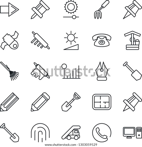 Thin Line Icon Set - right arrow vector, ladder\
car, drawing pin, job, pencil, garden fork, shovel, rake, well,\
satellite, brightness, fingerprint id, cellular signal, ink pen,\
plan, phone, rolling