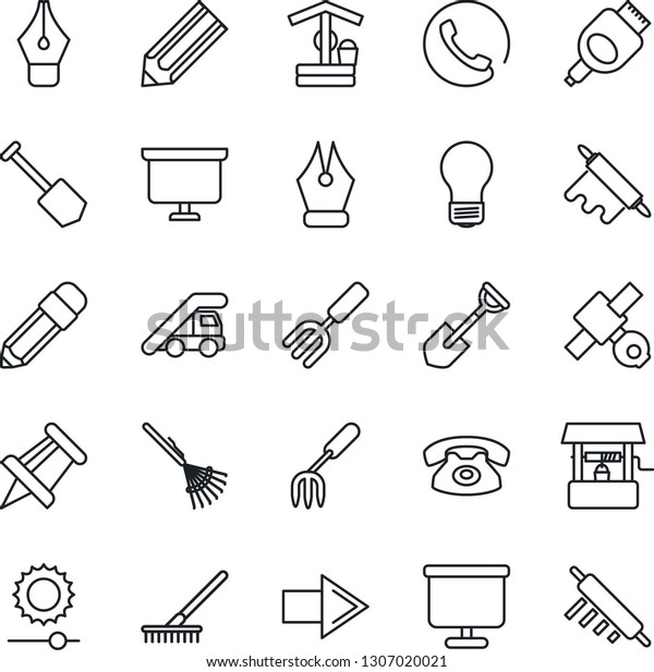 Thin\
Line Icon Set - right arrow vector, ladder car, presentation board,\
drawing pin, bulb, job, pencil, garden fork, shovel, rake, well,\
satellite, hdmi, brightness, ink pen, phone,\
rolling