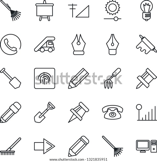 Thin Line Icon Set - right arrow vector, ladder car,
presentation board, bulb, job, pencil, garden fork, shovel, rake,
brightness, fingerprint id, cellular signal, drawing pin, ink pen,
phone, pc