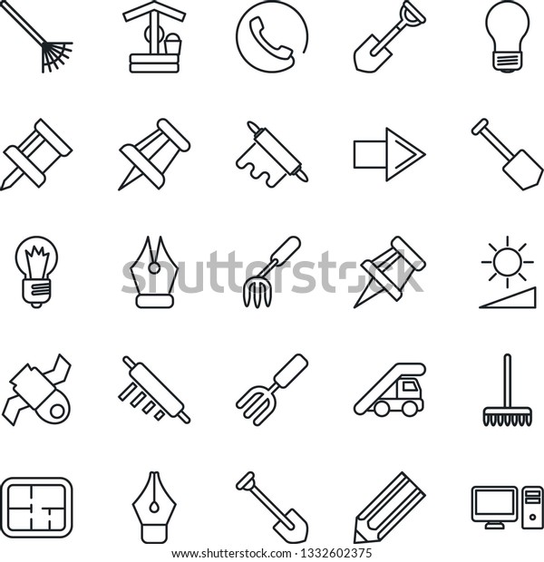 Thin Line\
Icon Set - right arrow vector, ladder car, drawing pin, bulb, job,\
pencil, garden fork, shovel, rake, well, satellite, brightness, ink\
pen, plan, phone, rolling,\
pc