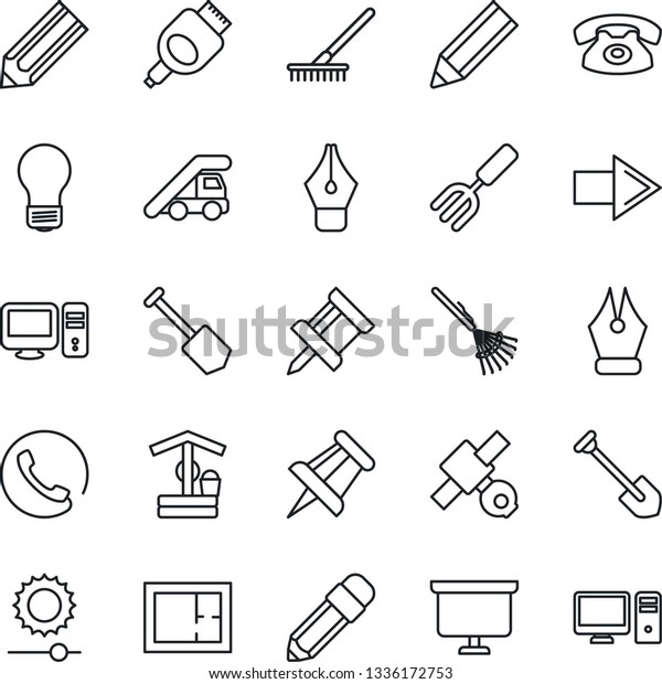 Thin Line Icon\
Set - right arrow vector, ladder car, presentation board, drawing\
pin, bulb, job, pencil, garden fork, rake, well, satellite, hdmi,\
brightness, ink pen, plan, phone,\
pc