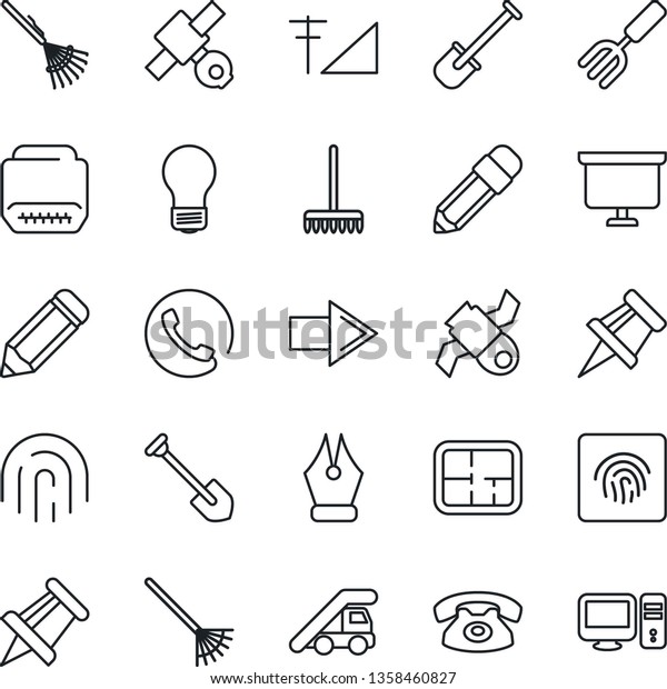 Thin Line Icon Set - right arrow vector, ladder car,\
presentation board, drawing pin, bulb, job, pencil, garden fork,\
shovel, rake, satellite, hdmi, fingerprint id, cellular signal, ink\
pen, plan