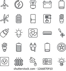 Thin Line Icon Set - ripper vector, battery, low, rca, charge, heater, air conditioner, fridge, home control, socket, fan, water, bulb, energy saving, windmill, idea