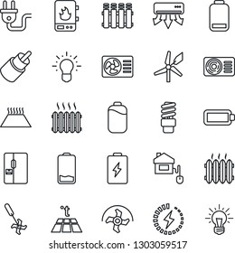 Thin Line Icon Set - ripper vector, low battery, rca, charge, heater, air conditioner, fridge, home control, power plug, water, radiator, warm floor, energy saving bulb, windmill, idea